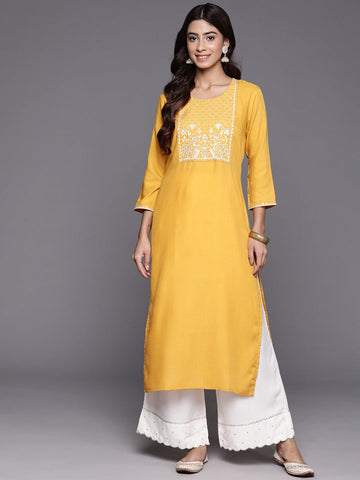 Mustard Round Neck Embroidered Yoke Straight Kurta.